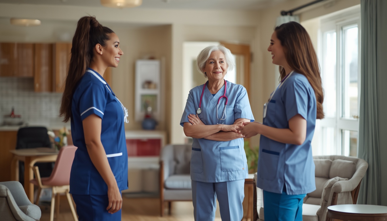 Three care workers having a brief in a bright care home common room